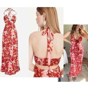 J. Crew Collection Halter Floral Tie Neck Cutout Dress in Red Lily Swirl, Size 0